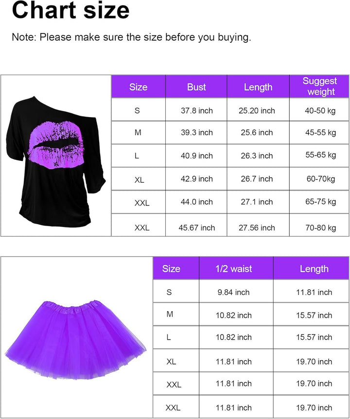 80 Jahre Kostüm Zubehör Set, T-Shirt Tutu Stirnband Ohrring Halskette Beinlinge XS Violett, XS Viole