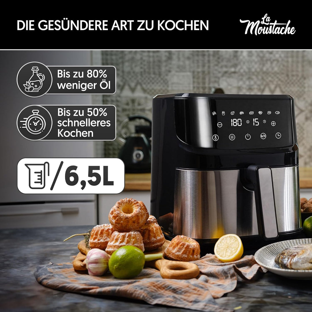La Moustache - Heissluftfritteuse 6,5 L, Ölfreie Fritteuse 1700 W, 8 Programmen, Air Fryer Digitale