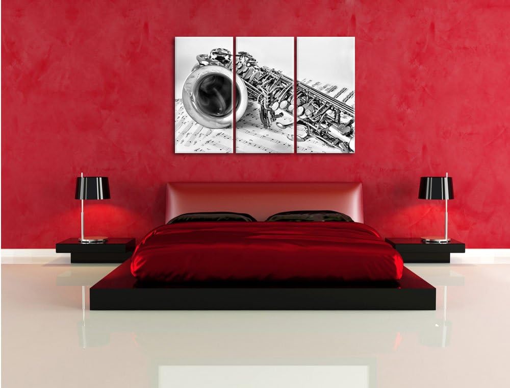 Pixxprint Saxophon auf Notenpapier als Leinwandbild/Grösse: 3 Teilig (120x80 cm) cm/Wandbild/Kunstdr