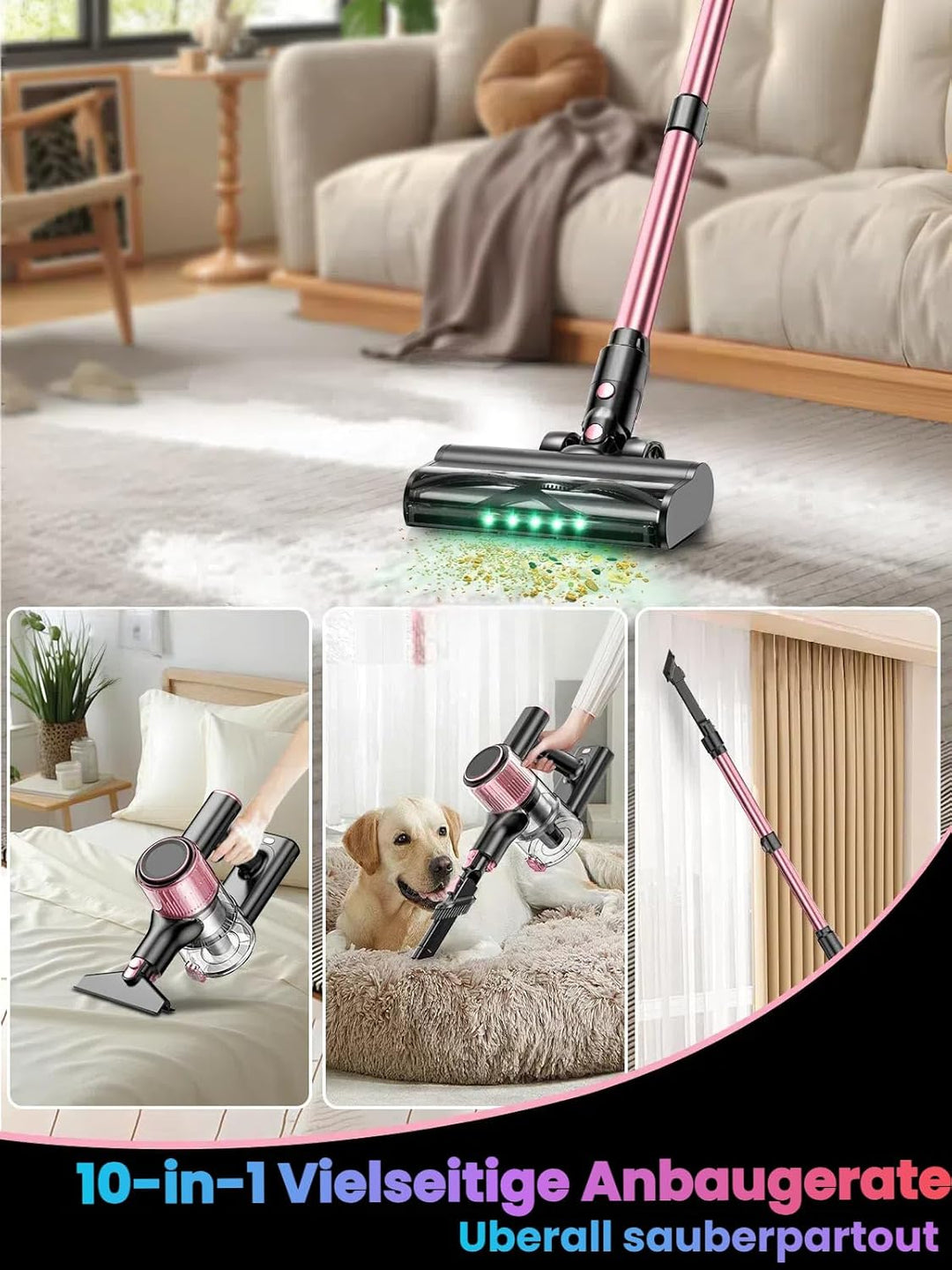 Akku Staubsauger, 45KPA/500W/45Mins Staubsauger Kabellos mit LED Display, Ausziehbarer Schlauch, Ant