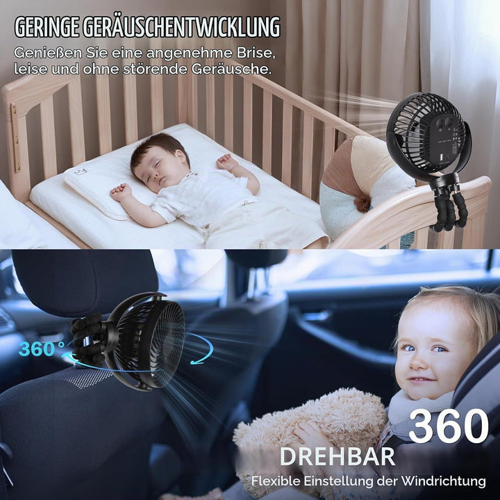 Hianjoo LED Ventilator mit 10000mAh Akku - 360° Drehbarer Kleiner Tischventilator für Camping, Zelte
