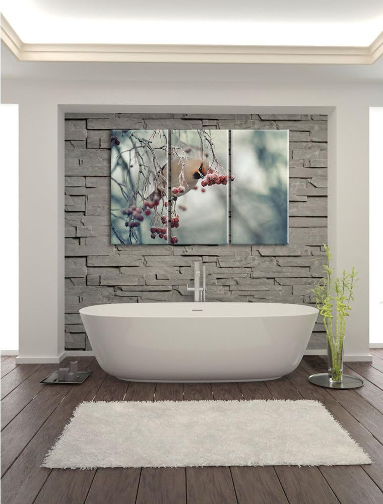 Pixxprint Kleiner Vogel im Vogelbeerbaum als Leinwandbild/Grösse: 3 Teilig (120x80 cm) cm/Wandbild/K