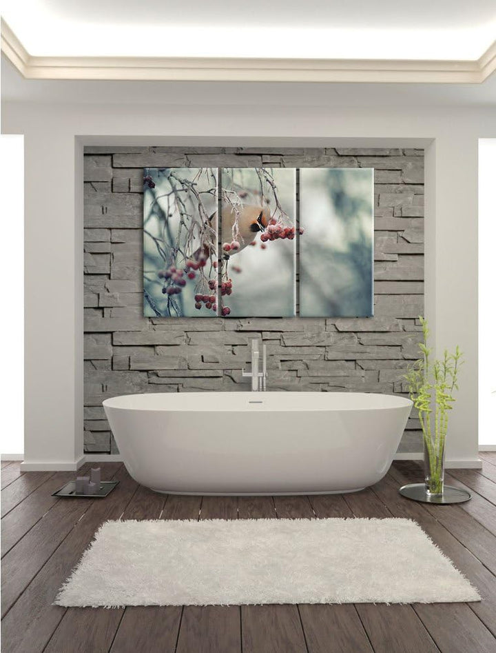Pixxprint Kleiner Vogel im Vogelbeerbaum als Leinwandbild/Grösse: 3 Teilig (120x80 cm) cm/Wandbild/K