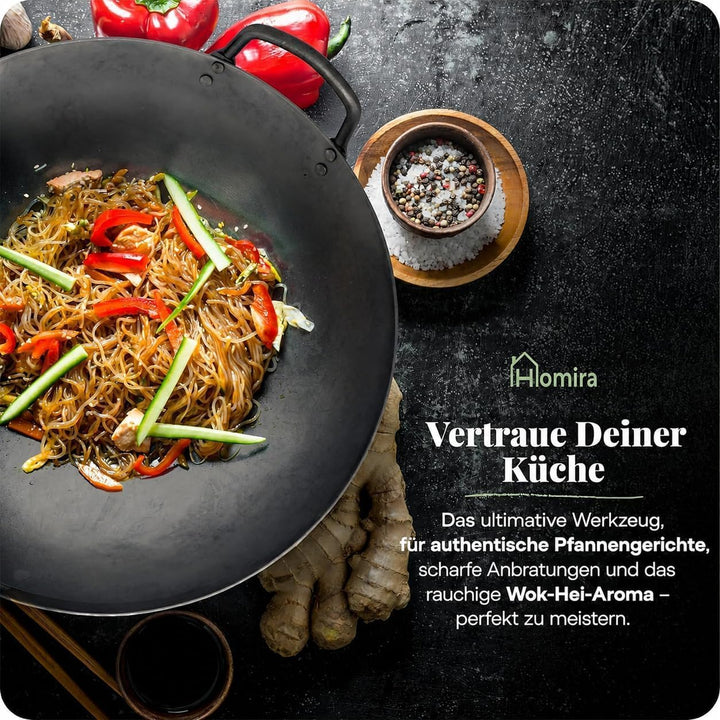 Homira Wok 36 cm handgehämmert aus Karbonstahl mit flachem Boden und Holzgriff – traditionelle PFAS-