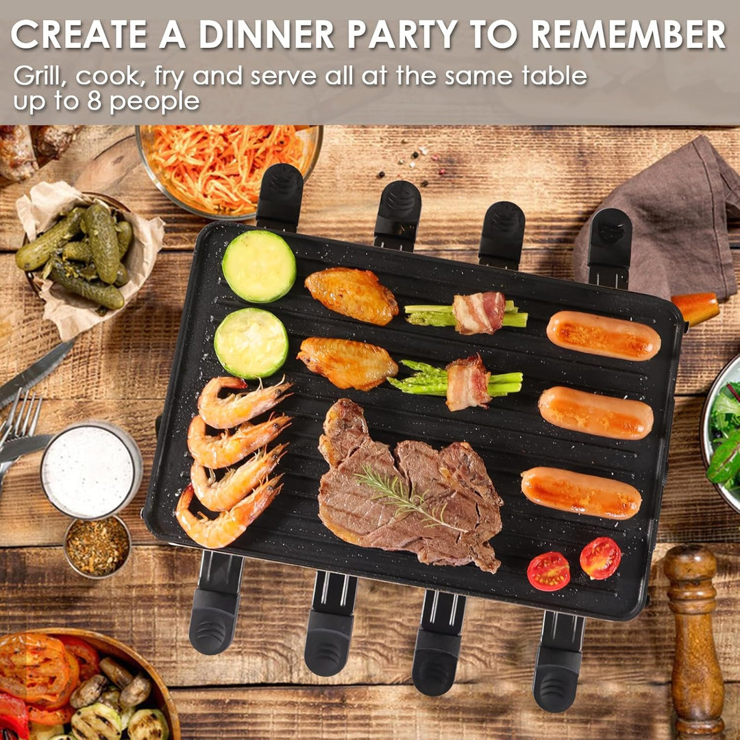 Raclette 8 Personen - Antihaft-Beschichtung Raclette Grill Elektrisch mit 8 Mini Raclette Pfännchen