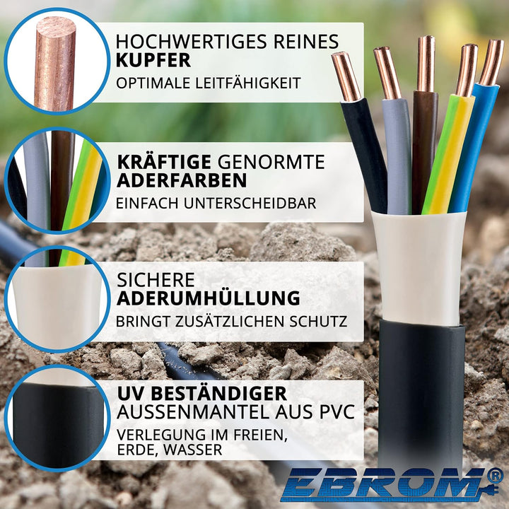 EBROM Erdkabel NYY-J 5x6 mm² Starkstromkabel Erdleitung schwarz - 122 m | 5m bis 150 m, Elektrokabel