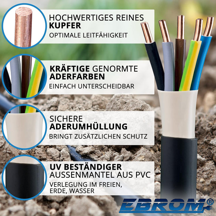 EBROM Erdkabel NYY-J 5x10 mm² - Starkstromkabel - PVC Erdleitung - schwarz - Auswahl in 5 Meter Schr