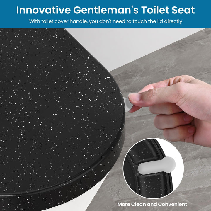 Toilettendeckel mit Absenkautomatik, WC Sitz D Form aus Duroplast, Schwarz Marmor Klodeckel mit Quic
