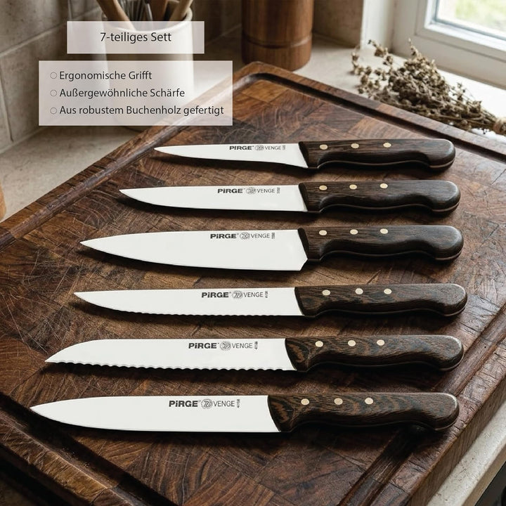 Pirge Sultan Küchenmesser Set mit Block 7 TLG Edelstahl - Vengeholz Messerset mit Hainbuchenholz Mes