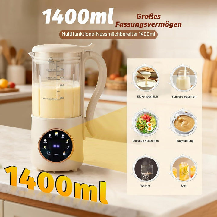 Nussmilch Maschine, 1400ml Entsafter Sojamilch Maschine mit 16 Klingen, Led Anzeige, Selbstreinigend