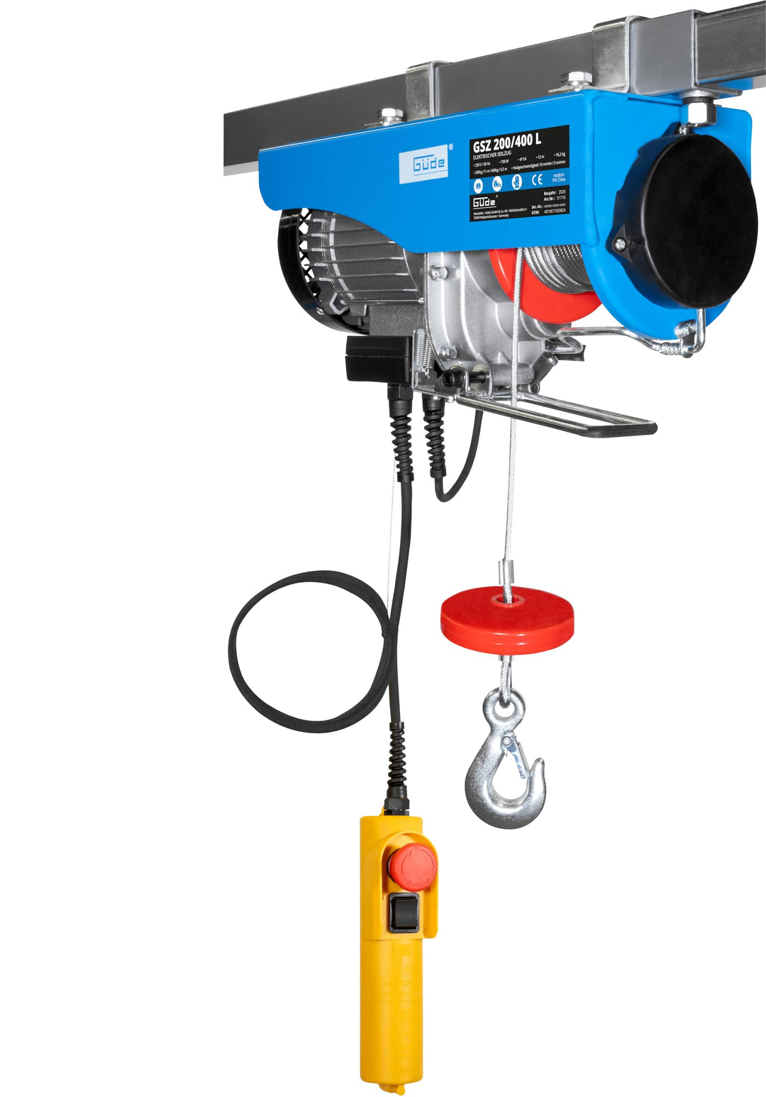 Güde 1716 Elektrischer Seilzug GSZ 200/400L (230 V, 750 W, 9 m langes Bedienkabel, idealer Helfer in
