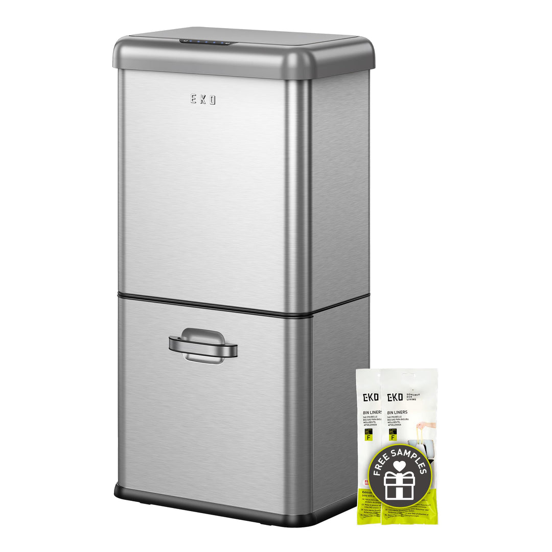 EKO Vintage 50L Mülleimer Sensor, Mülleimer 2 Fächer 32L + 18L, Mattes Edelstahl Küchenabfalleimer,