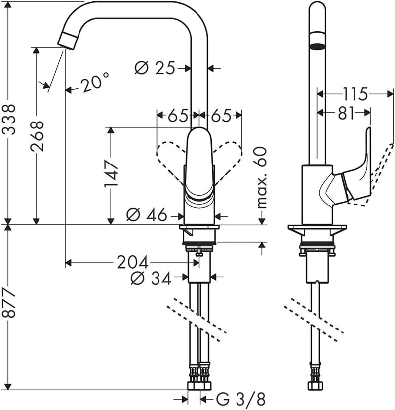 hansgrohe Focus Küchenarmatur (Wasserhahn Küche ohne Schlauchbox, 110°, 150°, 360° schwenkbar, hoher