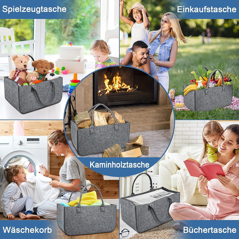 LZQ 2 Stück Gross Filztaschen Faltbar Filztaschen Kaminholzkorb Filztasche Shopper Kann als Einkaufs