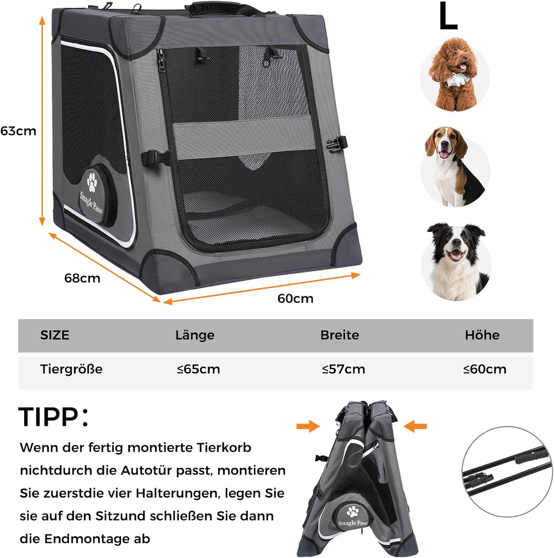 Snagle Paw Faltbare Transportbox,Stabiler Transportbox Hund Rückbank mit Kopfstützen-Gurt, Metallrah