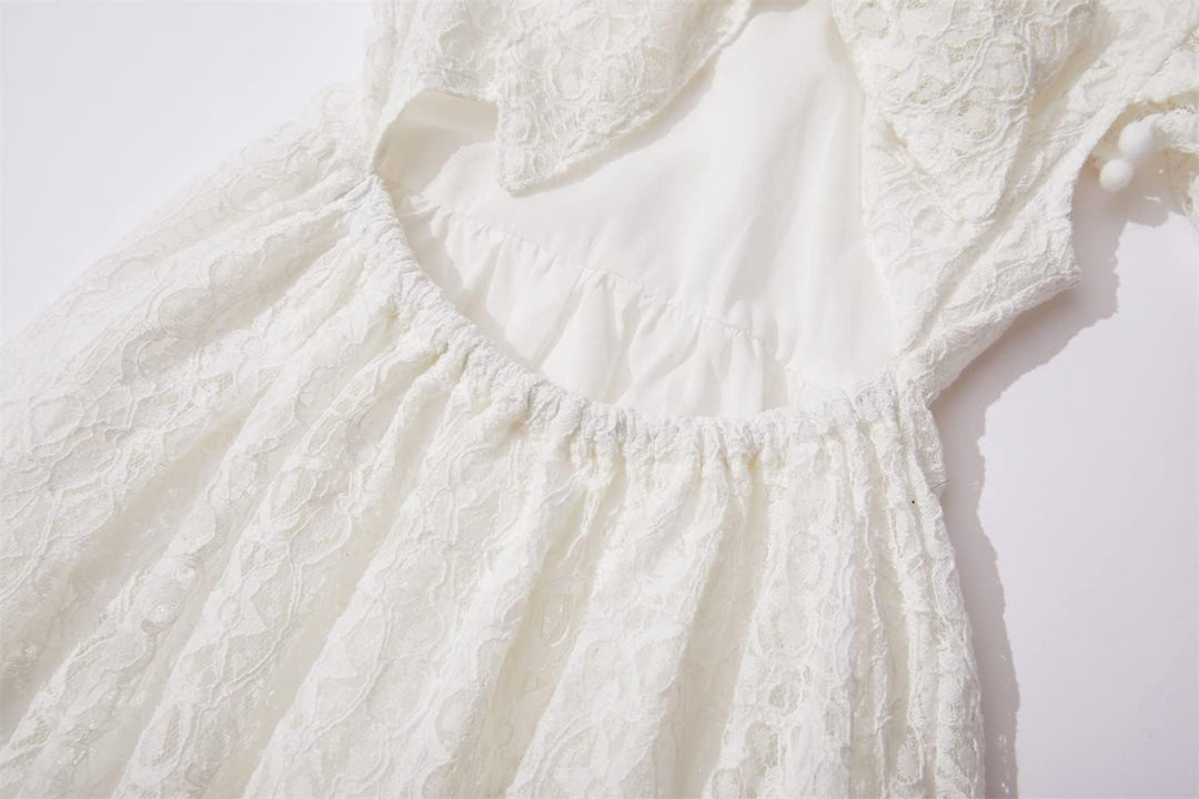 Mädchen Elegante Prinzessin Spitzenkleid Kleinkind Vintage Pom Pom Flatterärmel Party Kleider 2 Jahr