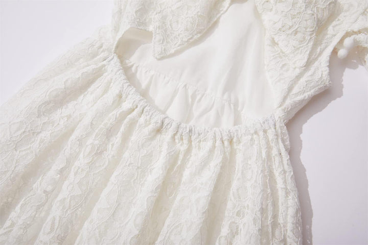 Mädchen Elegante Prinzessin Spitzenkleid Kleinkind Vintage Pom Pom Flatterärmel Party Kleider 2 Jahr