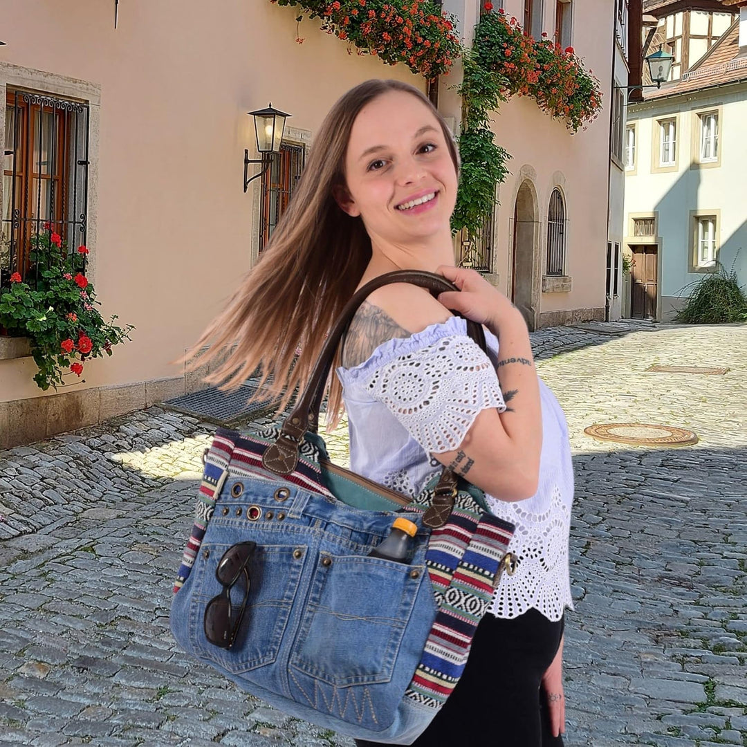 Sunsa Damen Nachhaltige Handtasche aus recycelte Jeans Canvas & Leder. Vintage Still grosse Schulter