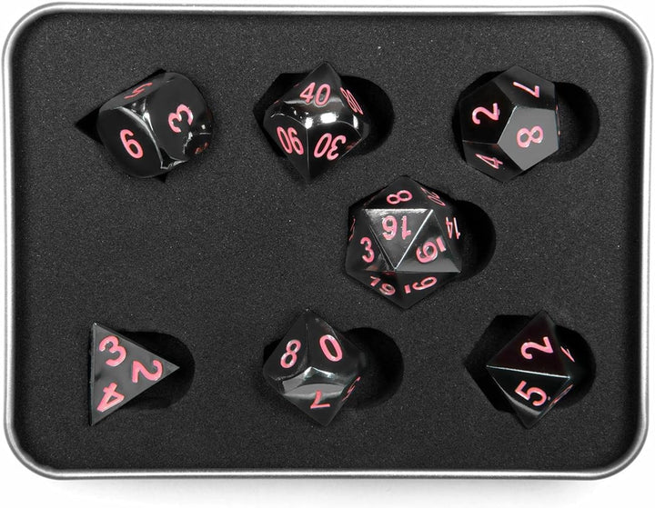 shibby 7 polyedrische Metall-Würfel - Verchromt - für Tabletop und Rollenspiele inkl. Aufbewahrungsb