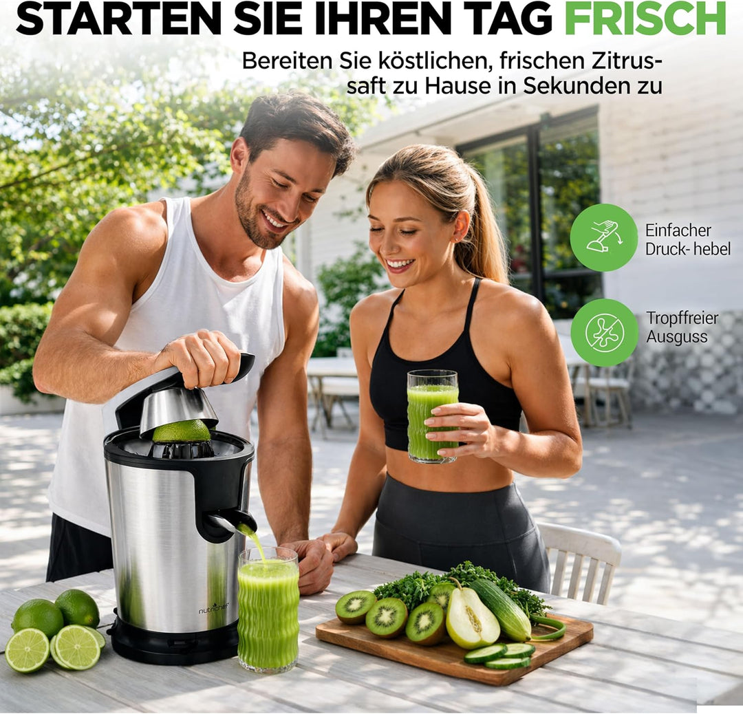 NutriChef Elektrische Zitruspresse, 160 W Orangenpresse aus Edelstahl mit Hebelarm – Leistungsstarke
