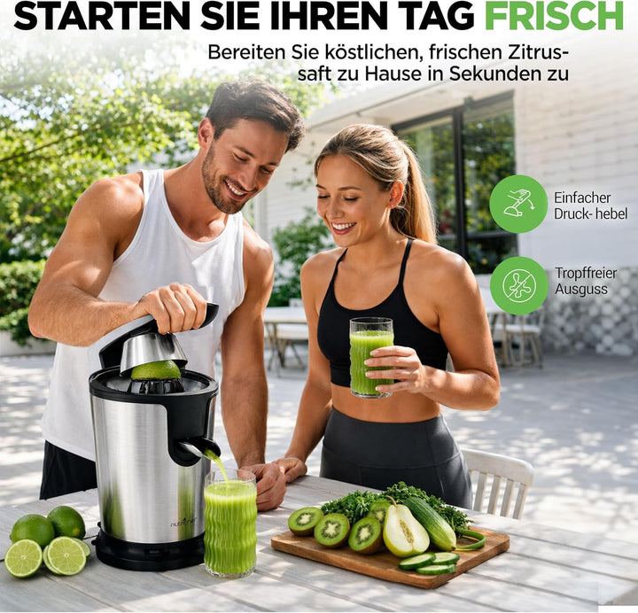 NutriChef Elektrische Zitruspresse, 160 W Orangenpresse aus Edelstahl mit Hebelarm – Leistungsstarke