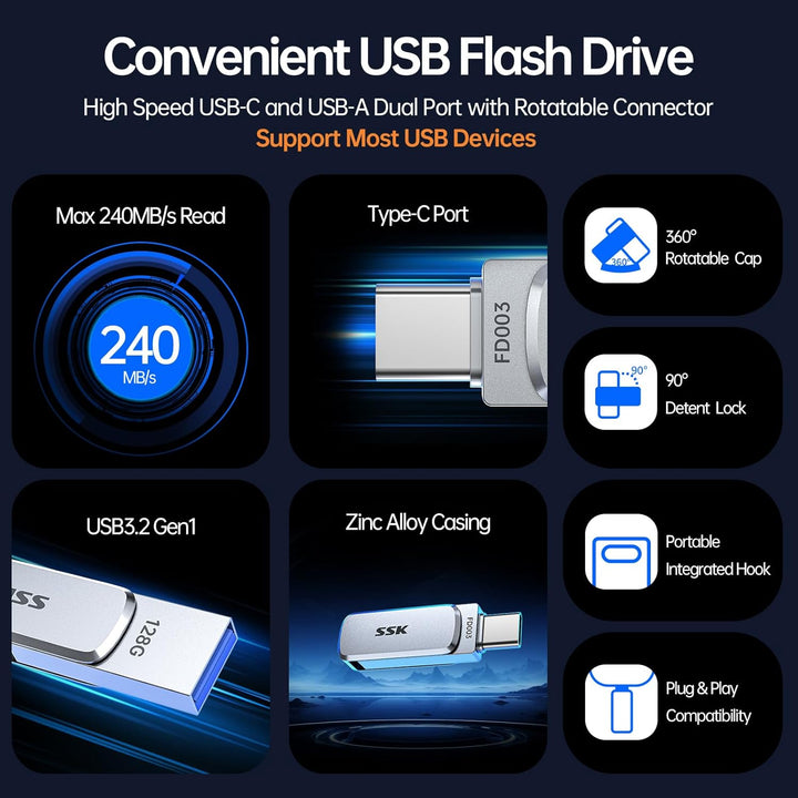 SSK 128GB USB C Stick bis zu 240 MB/s, Dual Memory Stick USB 3.2 Typ-C und USB-A Handy Speicherstick