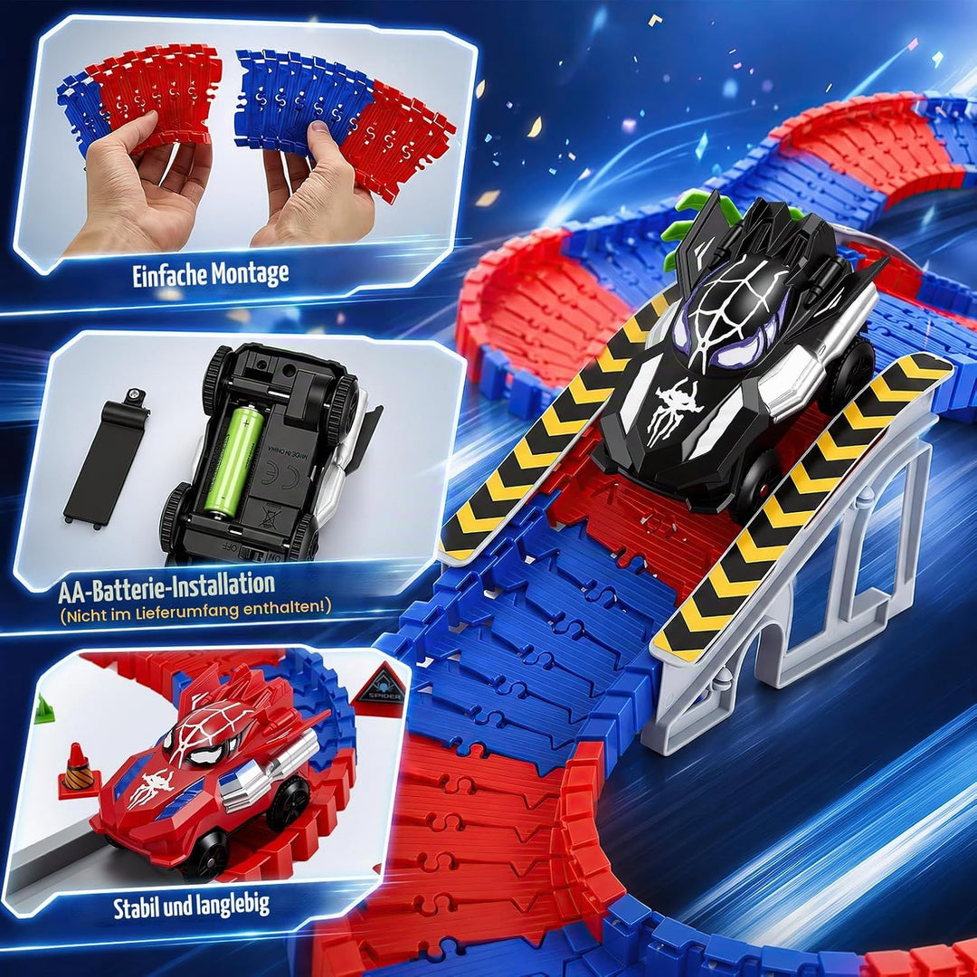 Spider Autorennbahn Set mit 2 Elektroautos, 212PCS Flexibles Auto Rennbahn Spielzeug, Kinder Weihnac
