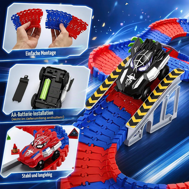 Spider Rennbahn Set 212 Teile – Flexible Autorennbahn Spielzeug ab 3 4 5 6 7 8 Jahre Junge, DIY Trac