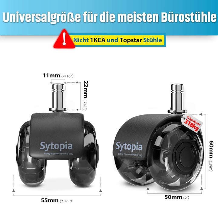 Sytopia Bürostuhl Rollen, 5er Set Rollen für Bürostühle, 11x22mm Hartbodenrollen für Bürostuhl Stuhl