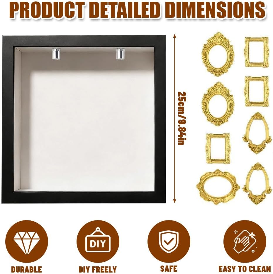 DIY Mini Museum Shadow Box mit LED Licht - Mini Bilderrahmen Vintage Set mit 8 Gold Rahmen & 8 Figur