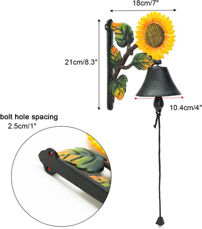 Sungmor Robuste Gusseisen-Wandglocke – dekorative handbemalte, Sonnenblumen-Handglocke – manuell sch