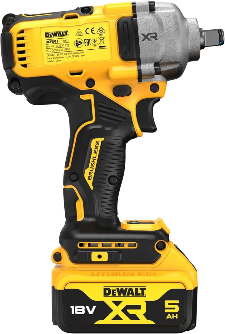 Llave Impacto sin escobillas XR 18V 1/2" Par Medio 812Nm con anillo de retención con 2 baterías Li-I