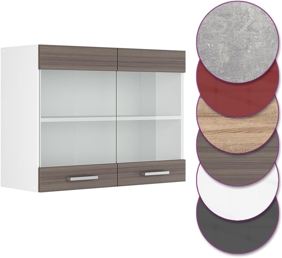 Vicco Küchenschrank Glas R-Line, Grau/Weiss, 80 cm Grau Hängeglasschrank 80cm, Grau Hängeglasschrank