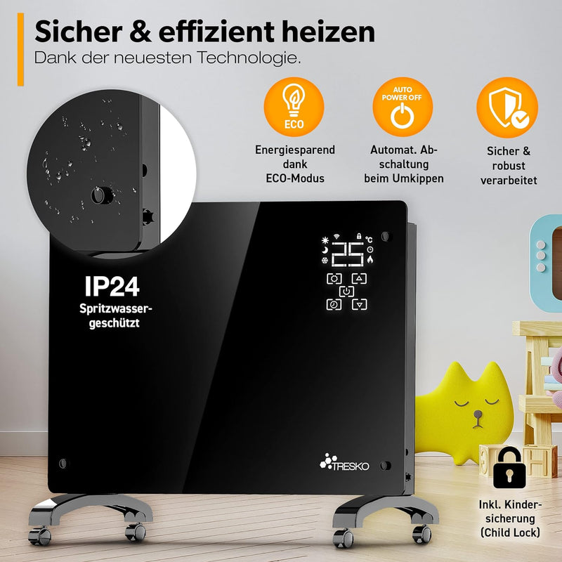 TRESKO® Glaskonvektor 1500W APP WiFi Funktion | Elektroheizung Glasheizung elektrisch | Konvektor He