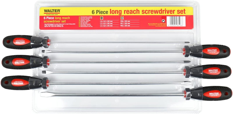 WALTER Schraubendreher Set extra lang 6-tlg., Geschenk für Männer und Heimwerker, magnetische Spitze
