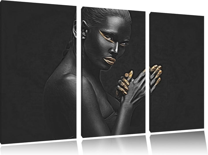 Dark Frau mit goldenen Fingerspitzen und Lippen Spezial 3-Teiler Leinwandbild 120x80 Bild auf Leinwa