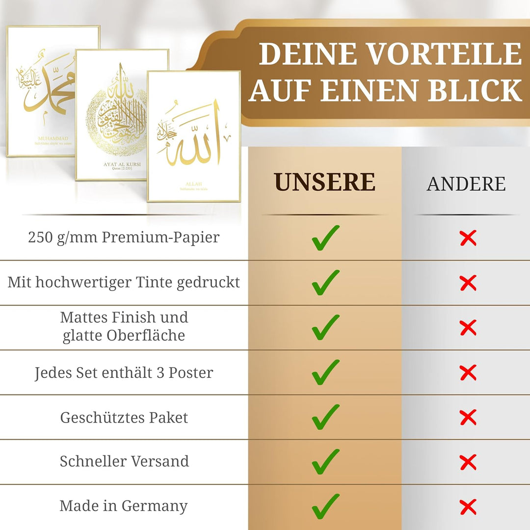 HAVA Artwork Islamisches Goldfolien Poster Set Weiss, Islamische Poster, Islamische Bilder, Islamisc