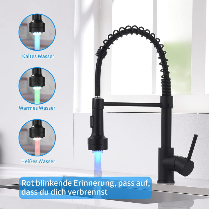 AIMADI Wasserhahn Küche Armatur Schwarz LED Küchenarmatur mit Brause 360° schwenkbar Mischbatterie S
