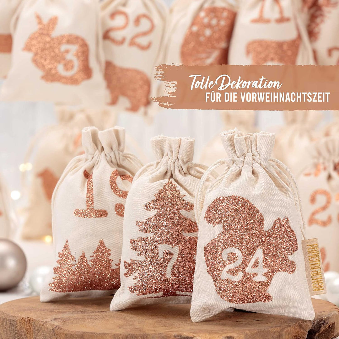 Papierdrachen 24 Adventskalender Stoffsäckchen zum Befüllen - mit Glitzerdruck - Stoffbeutel zum sel