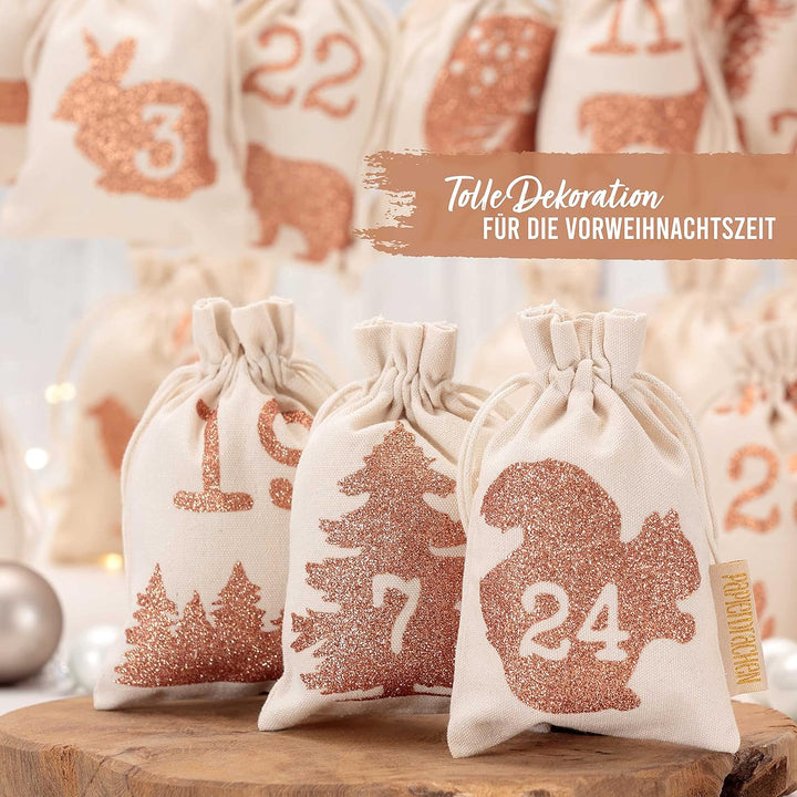 Papierdrachen 24 Adventskalender Stoffsäckchen zum Befüllen - mit Glitzerdruck - Stoffbeutel zum sel