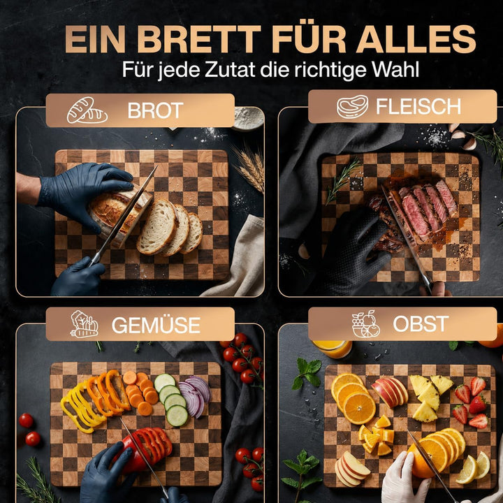 Premium Schneidebrett Schachbrett aus Akazien- und Heveaholz - mit Saftrille - 40 x 30 x 3 cm Hochwe