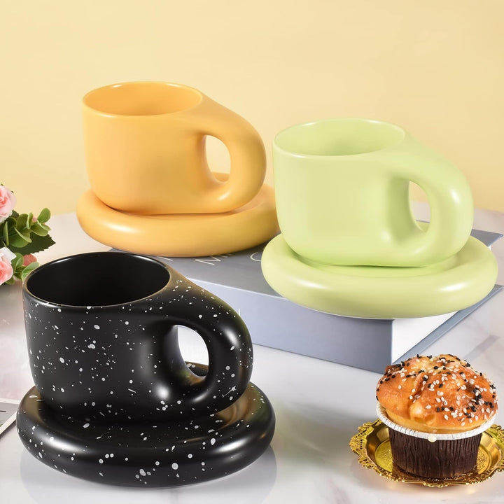 Koythin Keramik Kaffee Chubby Tasse mit Untertassen Set, Kreative und Niedliche Chubby Kaffeebecher