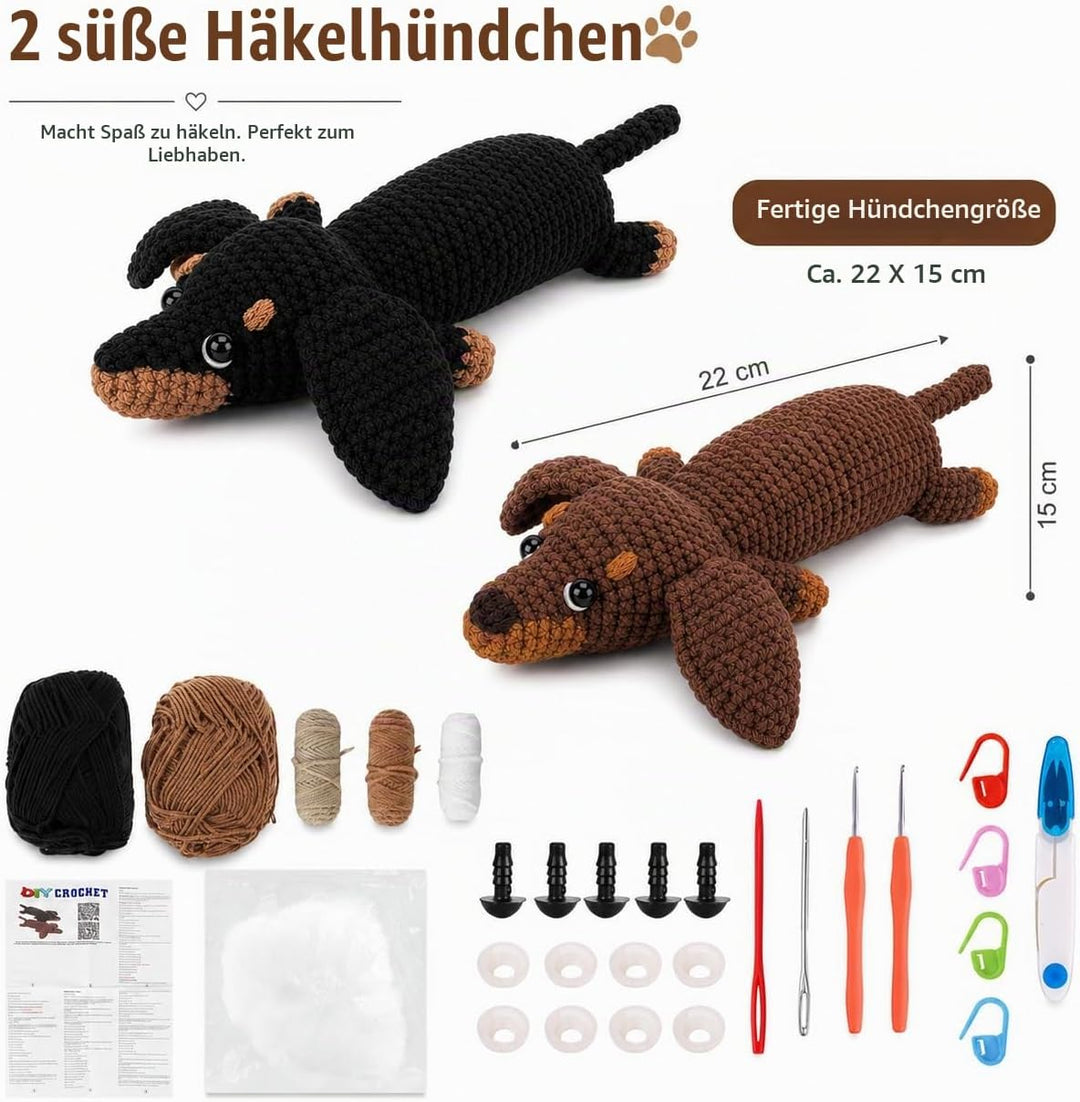 Houkiper Häkelset für Anfänger, Häckel Kit für Anfänger Tiere Häkeln Set Dackel Hund Crochet Set mit