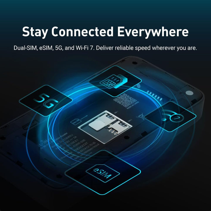 GL.iNet MUDI 7 (GL-E5800) Wi-Fi 7 5G Router mit eSIM & Dual-SIM, 2,8" Touch, Tri-Band bis 5,76 Gbps,