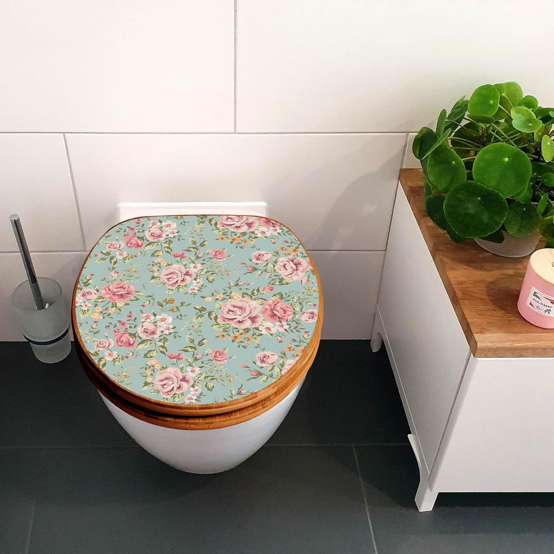 banjado® Design WC Sitz Bambus Absenkautomatik mit Motiv Altrosa Blume/Toilettendeckel mit Absenkaut