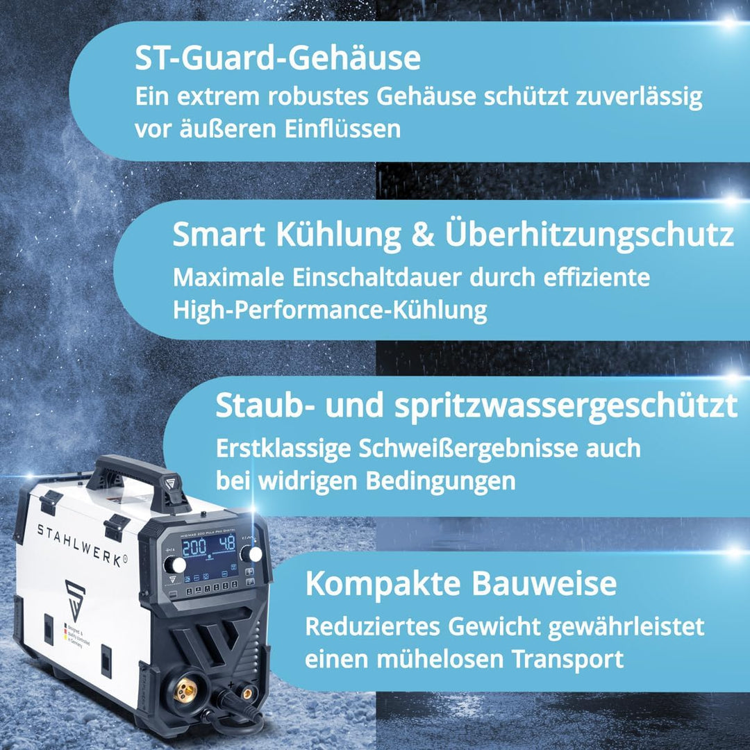 STAHLWERK Schweissgerät Kombi MIG MAG 200 Spot Puls Pro - digital, 200A IGBT Inverter, Fülldraht, FL