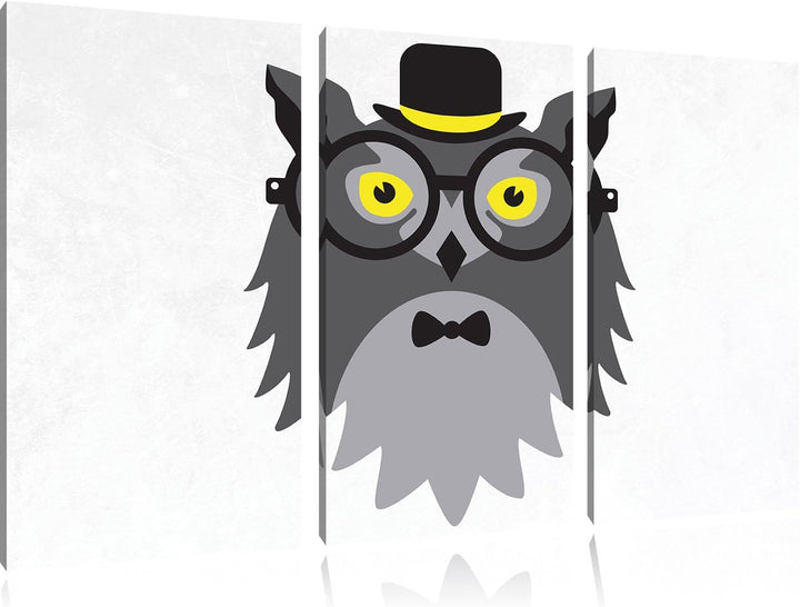 Pixxprint Hipster Eule / 3-Teilig/Gesamtmass 120cm Leinwandbild bespannt auf Holzrahmen/Wandbild Kun