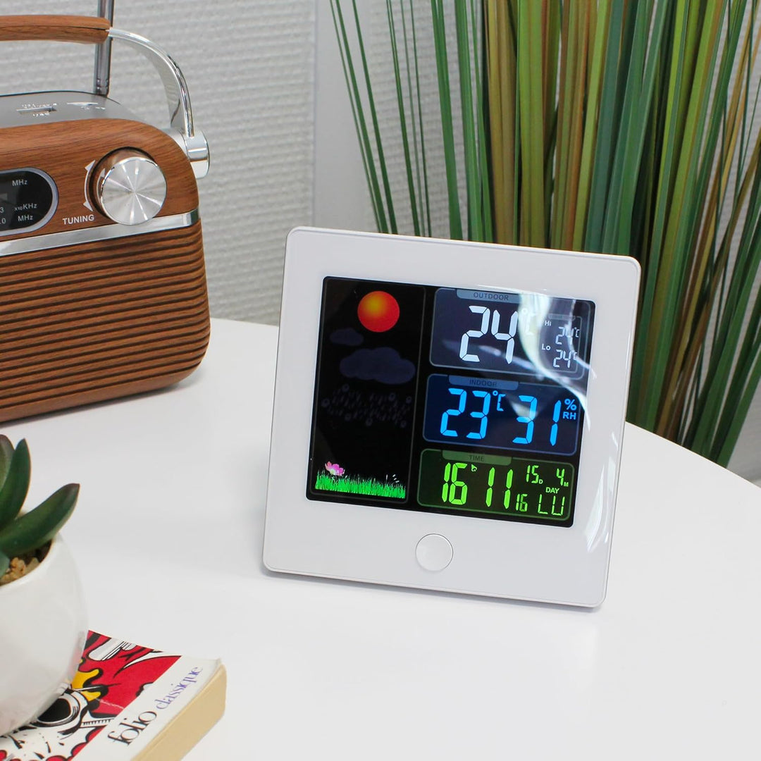 FISHTEC – Color My Day Wetterstation für den Innenbereich – Farb-LCD-Bildschirm – Temperatur, Luftfe