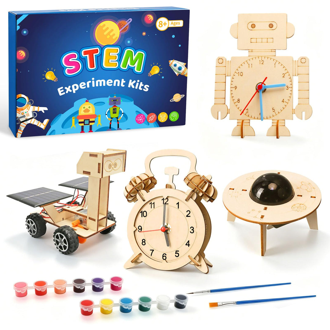 4Stk STEM Experimente für Kinder ab 8-14 Jahre, Elektronik Baukasten & Experimentierkasten, Holz DIY