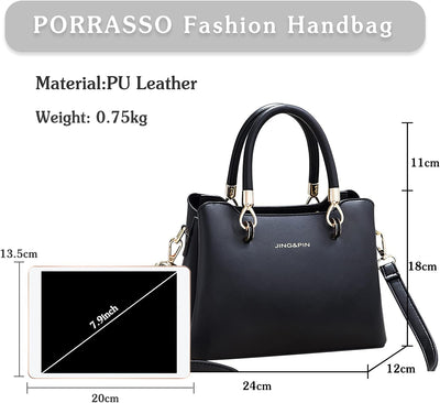 PORRASSO Damen Handtasche Mode Henkeltasche Frauen Umhängetasche PU Leder Schultertasche Top Griff T